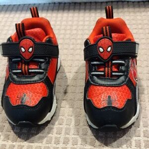 Kids Red Spiderman Sneakers With Light Up Soles And Spiderman Face On Side